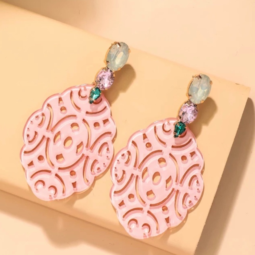 crystal pink resin -statement earrings